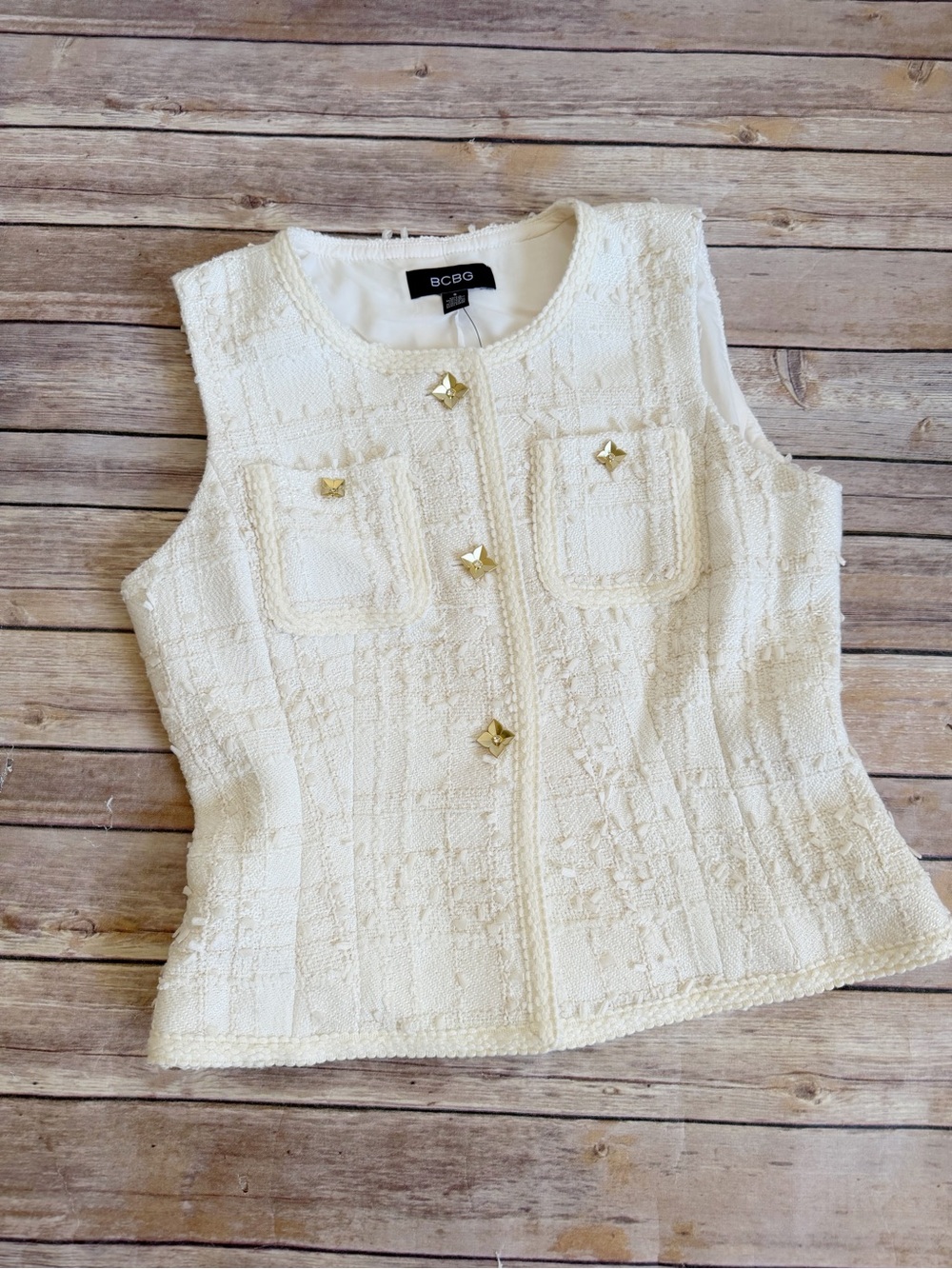 BCBG Women's Button Front Braided Sleeveless Vest In Whisper White Size 6